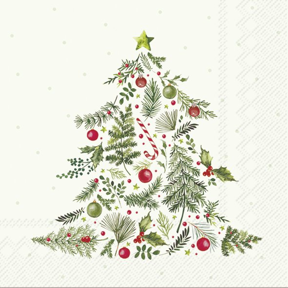 Picture of Pak à 20 servetten 33x33 cm 3 laags Kerstboom van dennentakken