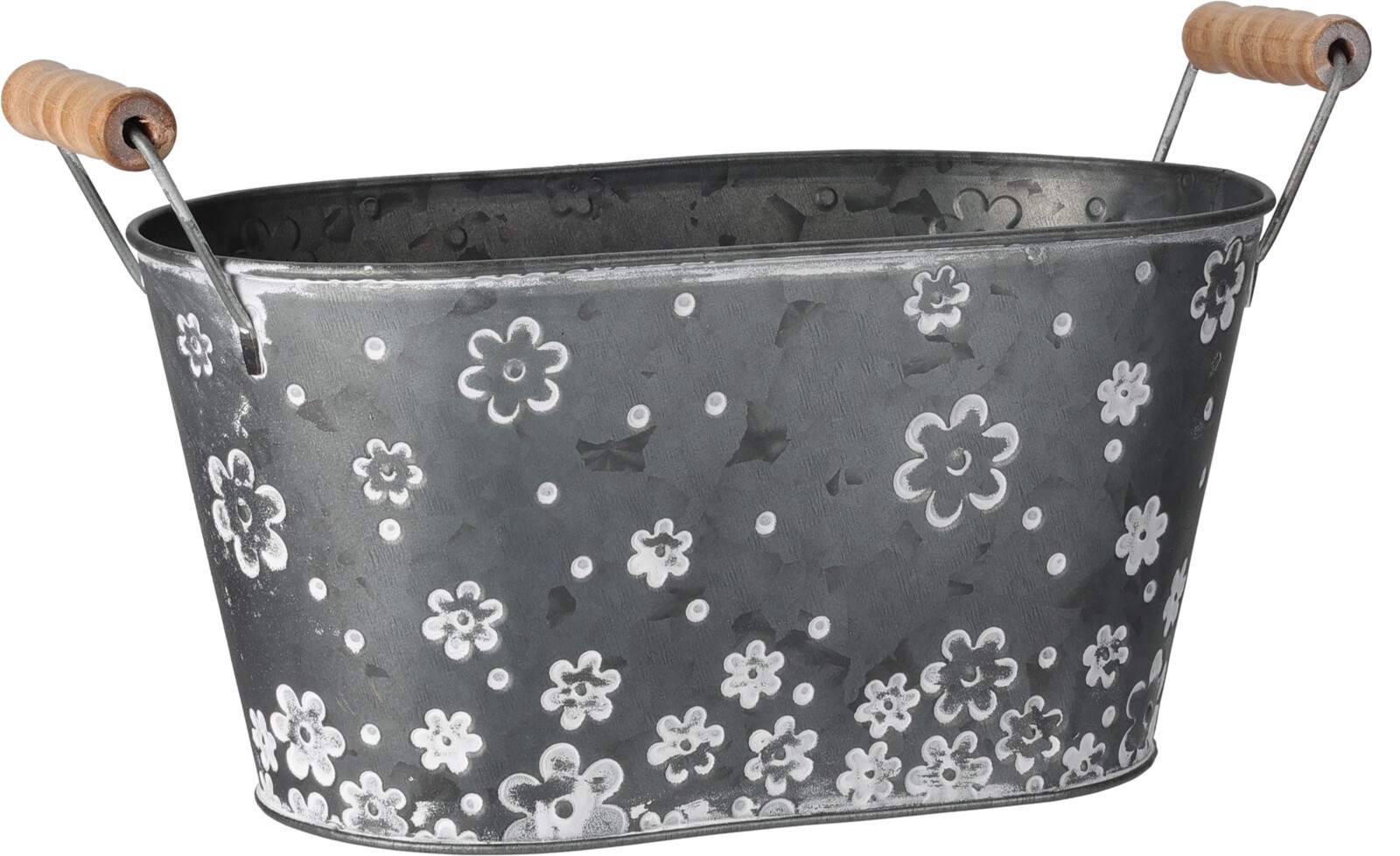 Afbeelding van Zinken bak ovaal 24x14x12 cm met houten grepen, bloem motief (ucl)
