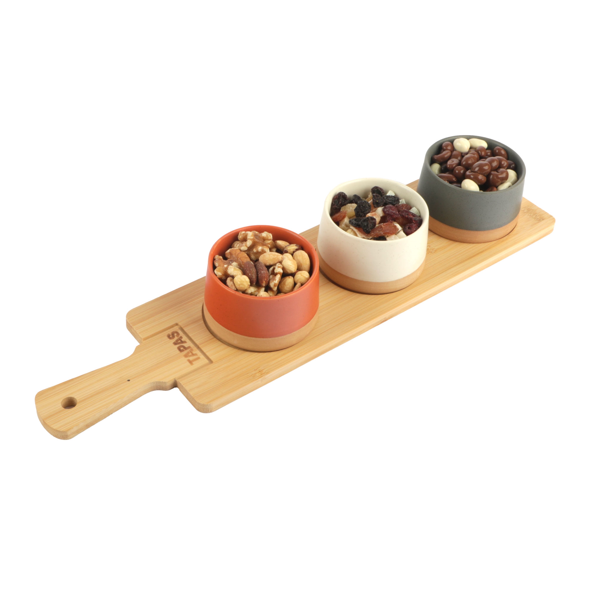 Afbeelding van Bamboe plank met greep 48x12x1 cm met 3 schaaltjes 9x5,5 cm  (uc)