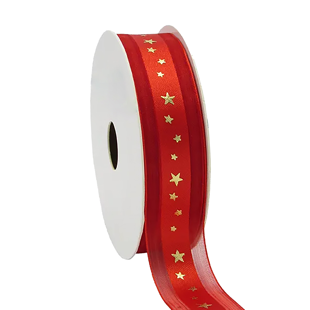 Picture of Rol lint organza met satijn 25 mm 20 mtr Stars rood