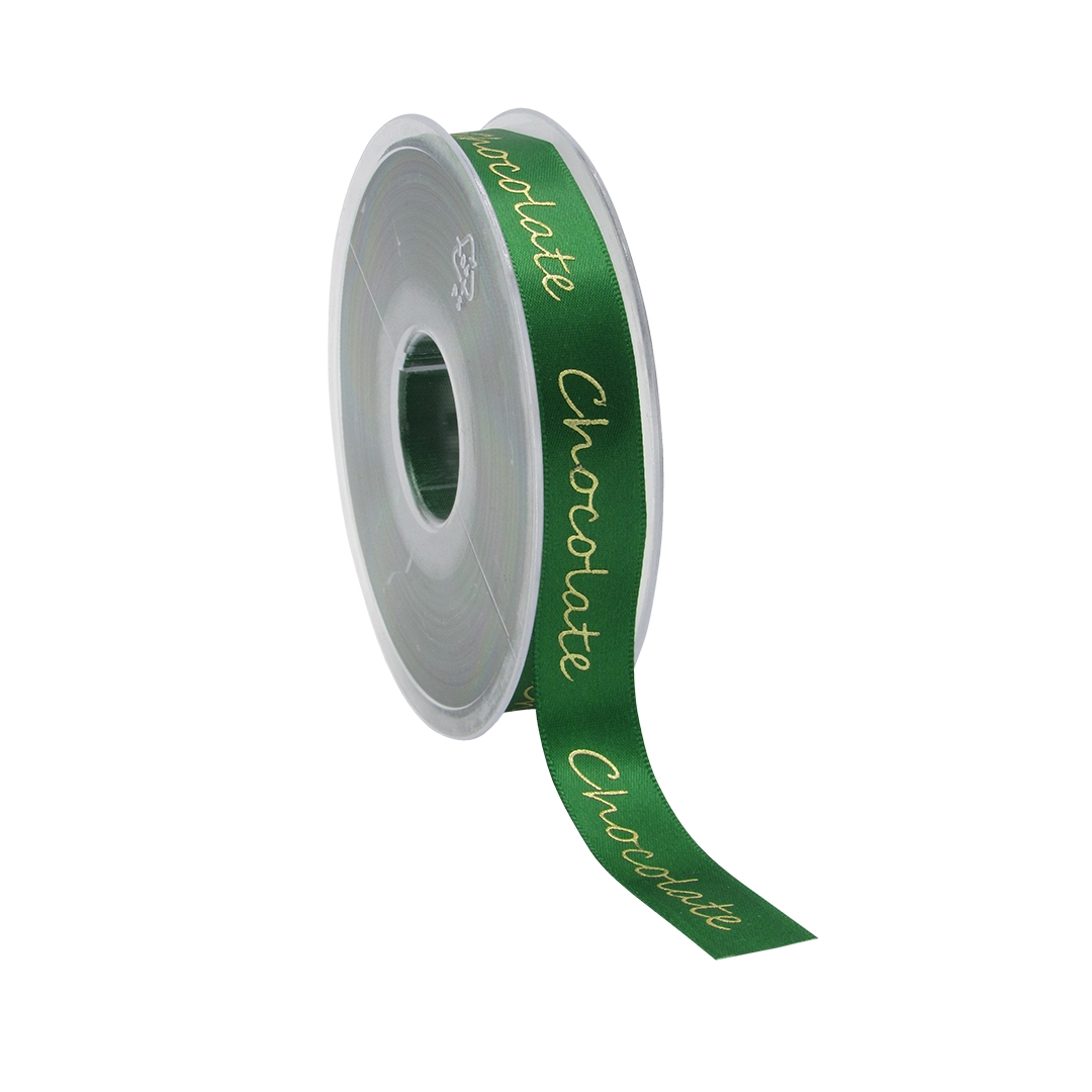 Afbeelding van Rol satijnlint 15 mm 25 mtr groen met goud Chocolate (ucl)