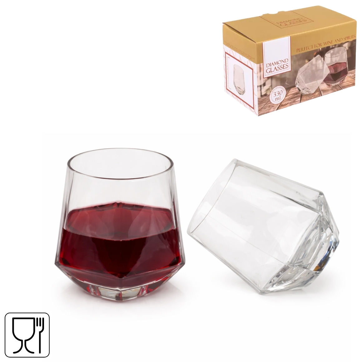 Afbeelding van Set à 2 wijn/waterglazen 330 ml diamantvorm