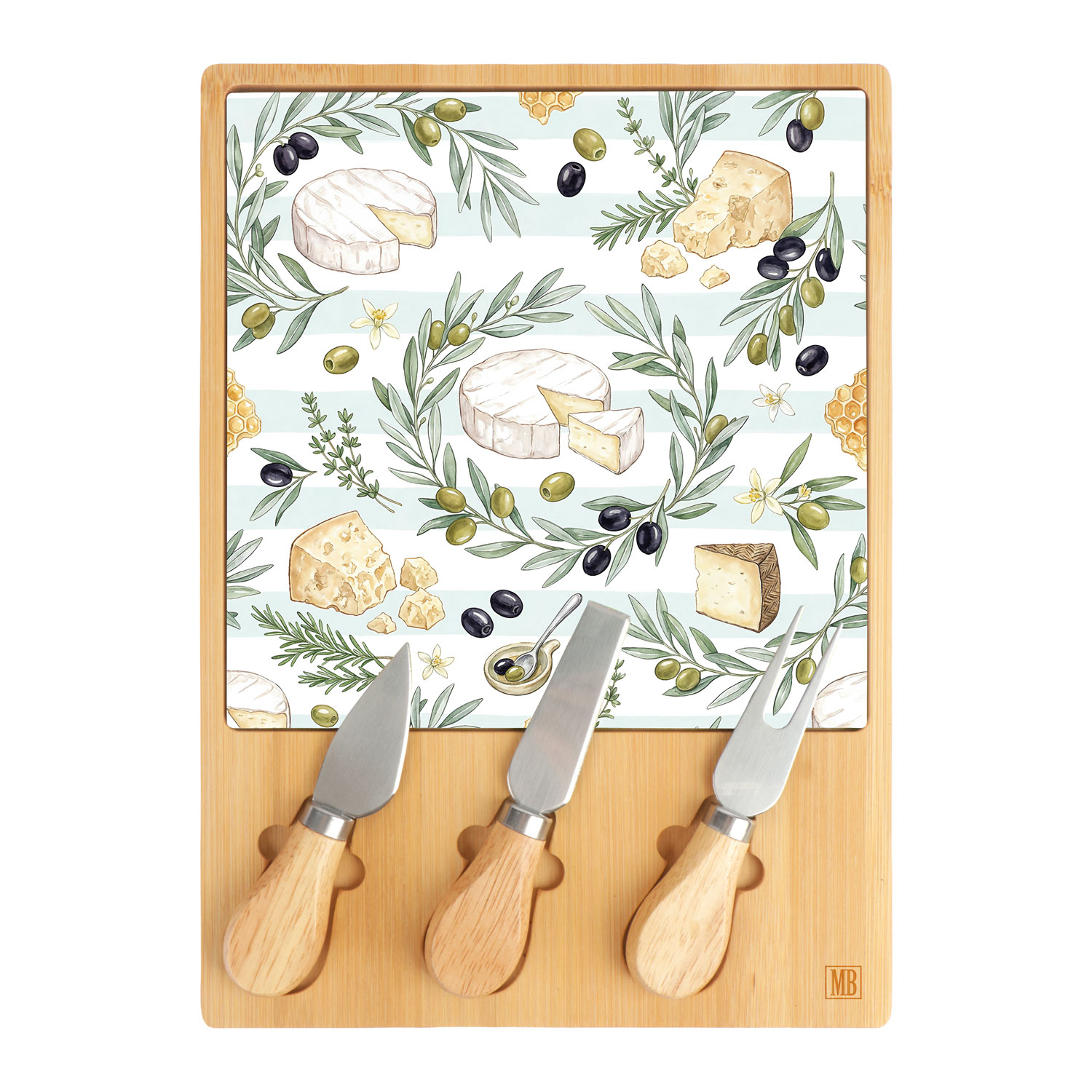 Picture of Bamboo tray 30x21.5x1 cm + glass cutting board 20x20 cm + 3 cheese knives