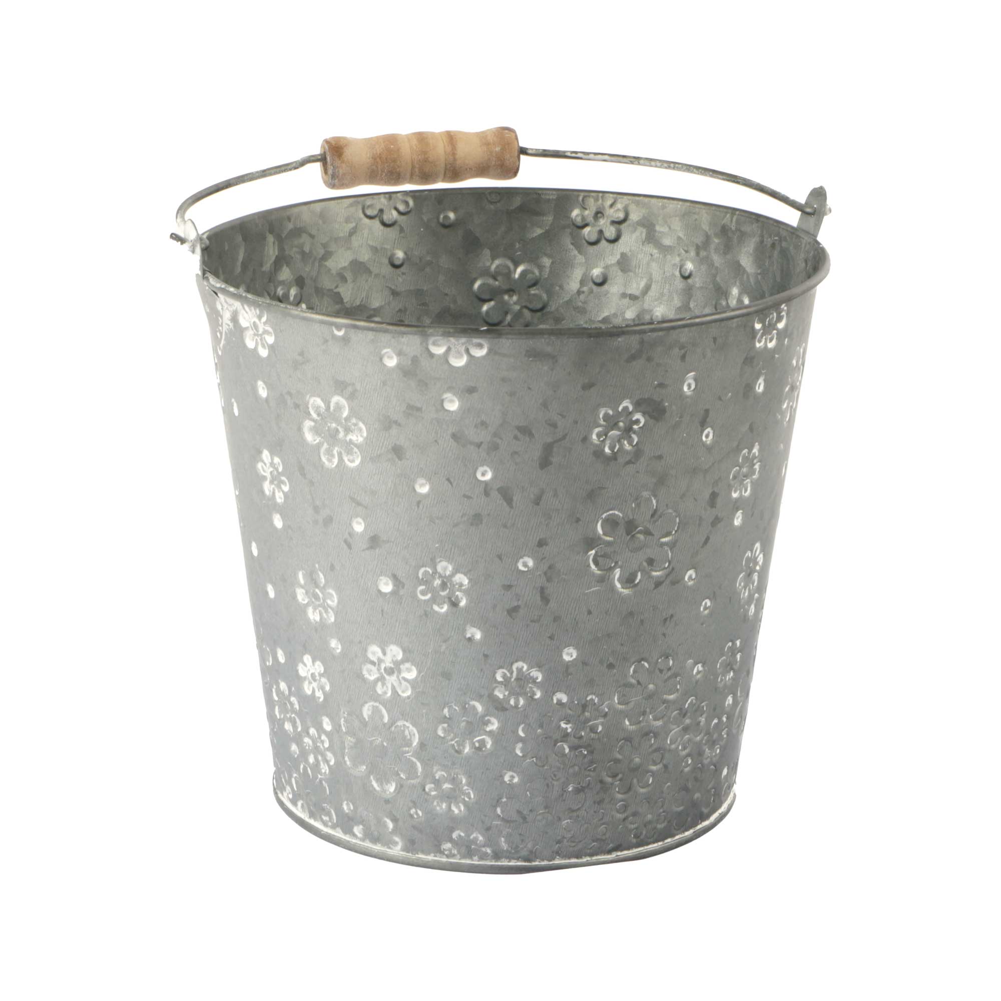Afbeelding van Zinken emmer 18,5x16 cm met houten greep, bloem motief (ucl)