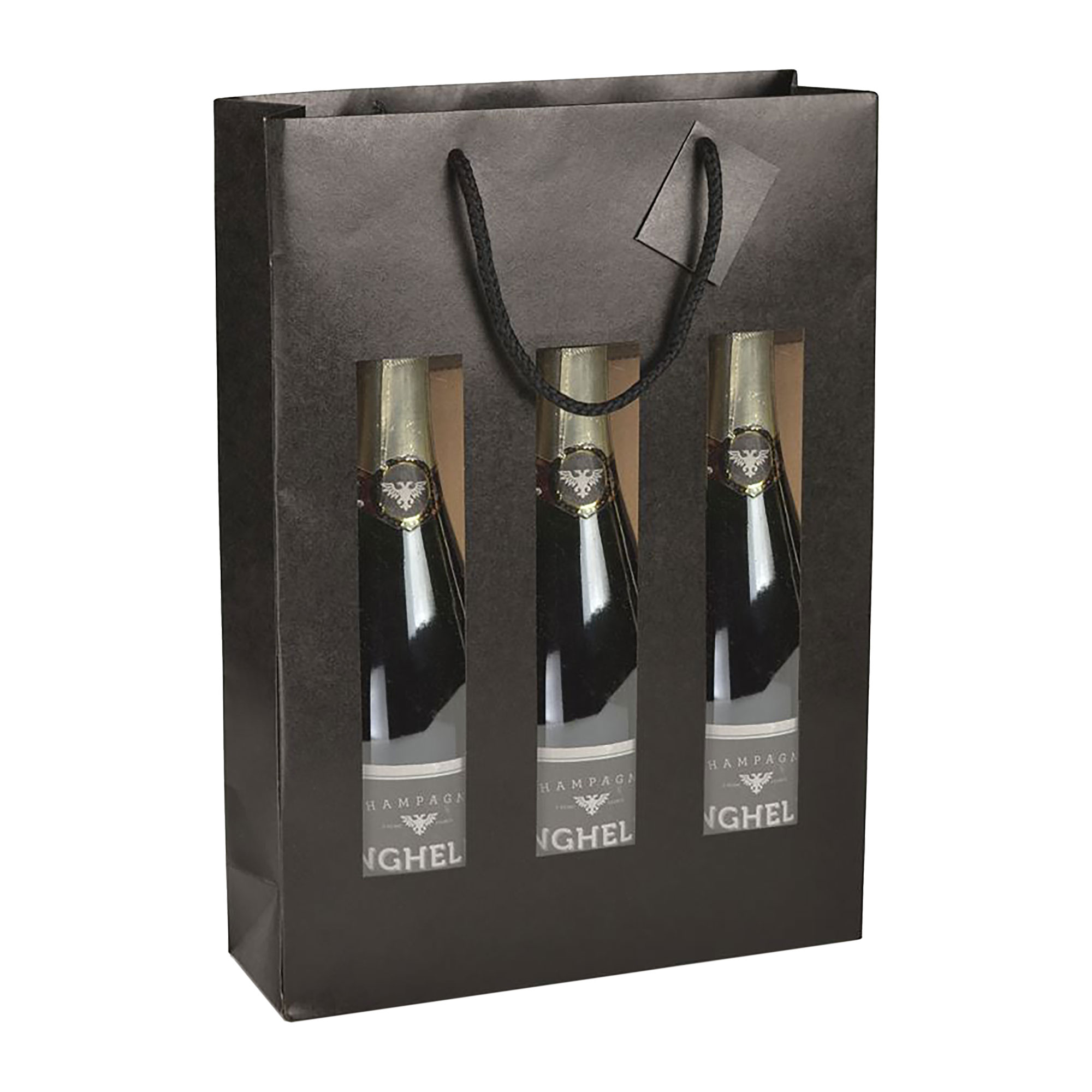 Afbeelding van Pak à 10 3 fles draagtas mat zwart met recht venster  