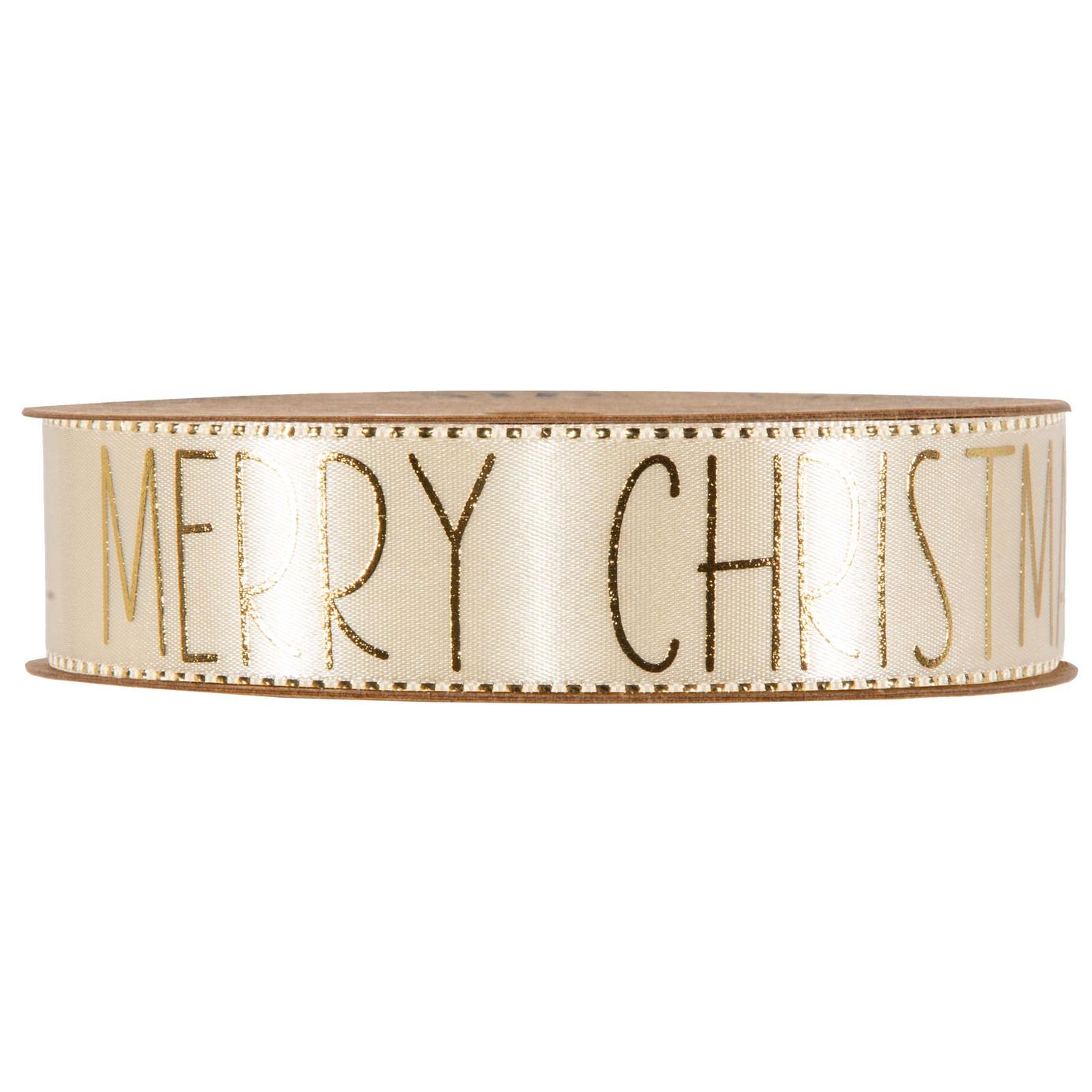 Afbeelding van Rol luxe satijnlint 25 mm 15 mtr Merry Christmas crème