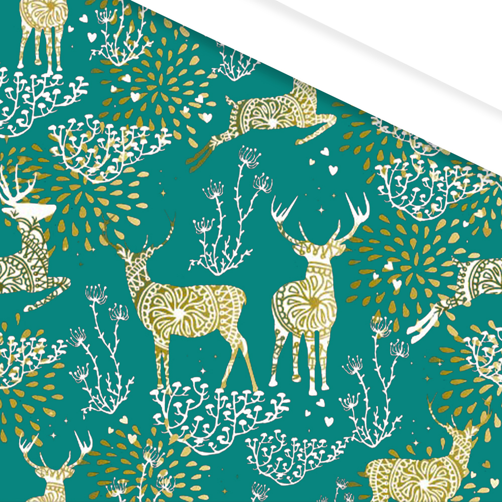 Afbeelding van Rol kerstpapier 50 cm 200 mtr rendier met kerstbomen petrol/goud (uc)