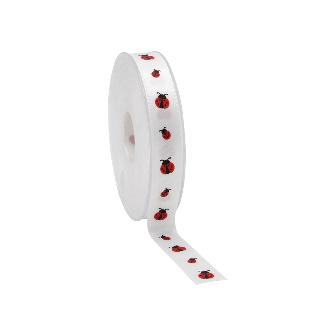 Picture of Rol satijnlint 15 mm 25 mtr lieveheersbeestje wit