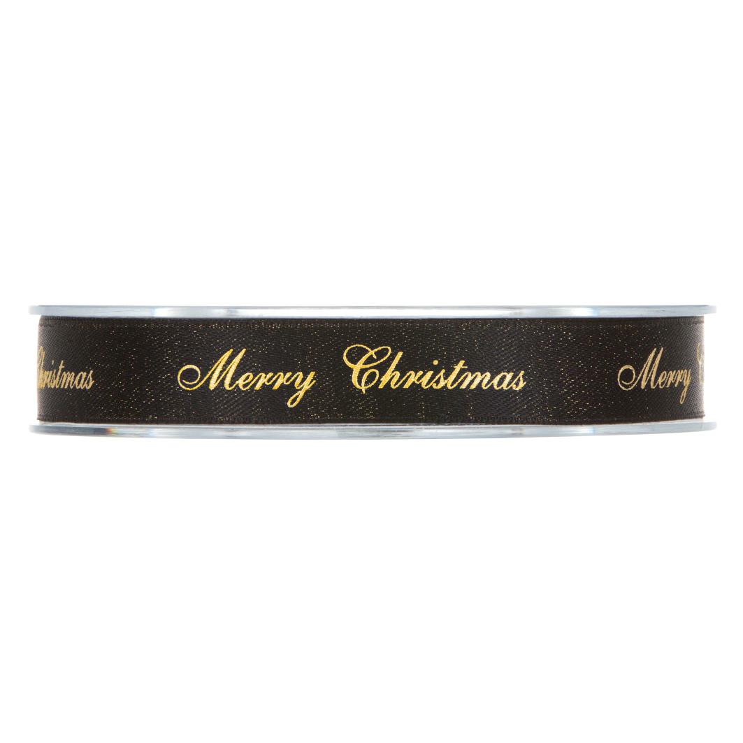 Afbeelding van Rol satijnlint lurex 15 mm 25 mtr Merry Christmas zwart