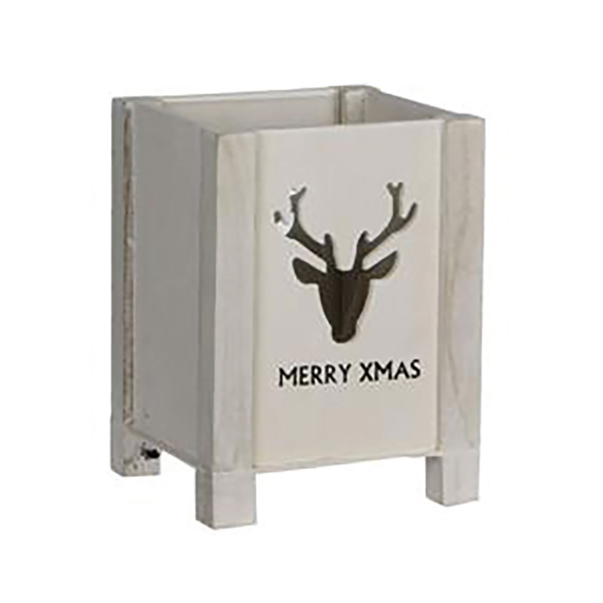 Picture of Windlicht hout, hert, Merry X-Mas, wit 12x12x16 cm (ucl)