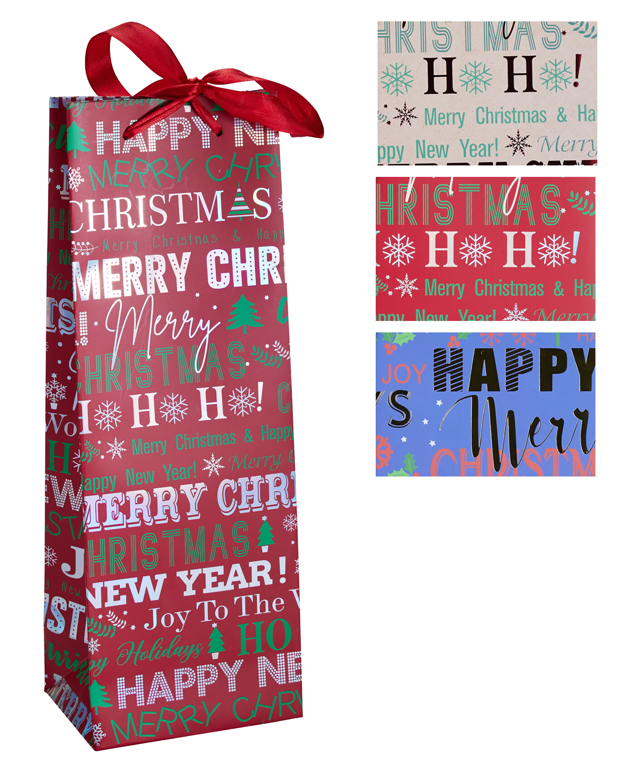 Picture of Pak à 12 1 fles draagtas 12,5+9x35 cm Merry Christmas assorti