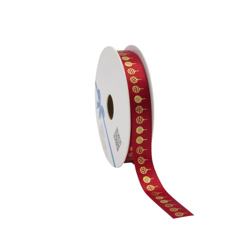 Afbeelding van Rol kerstlint satijn 15 mm 25 mtr rood kerstballen