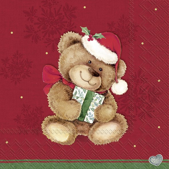 Picture of Pak à 20 servetten 33x33 cm 3 laags Kerst teddybeer rood (uc)