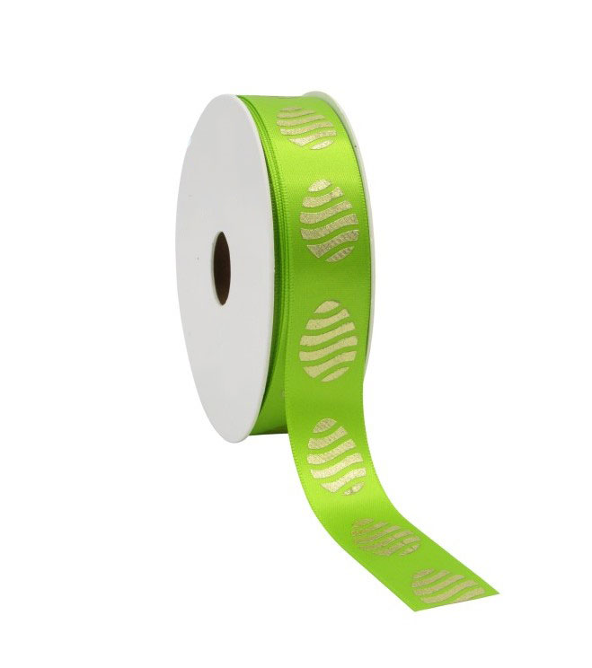 Afbeelding van Rol satijnlint 23 mm 25 mtr groen met gouden paasei