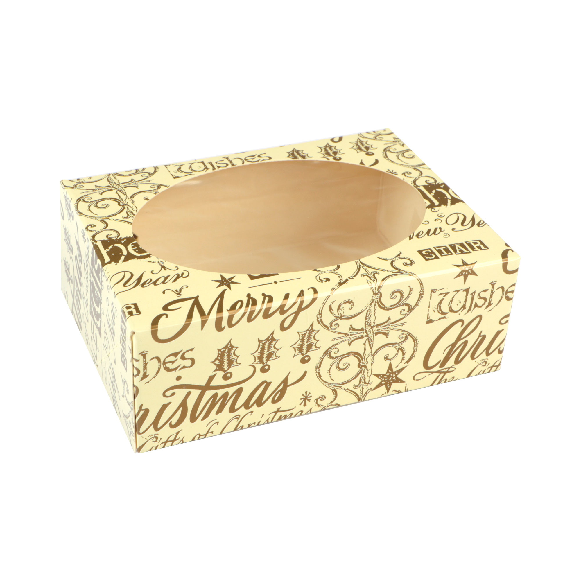 Picture of Ds à 250 bonbondoos crème/goud met venster 15x11x5,5 cm Merry Christmas
