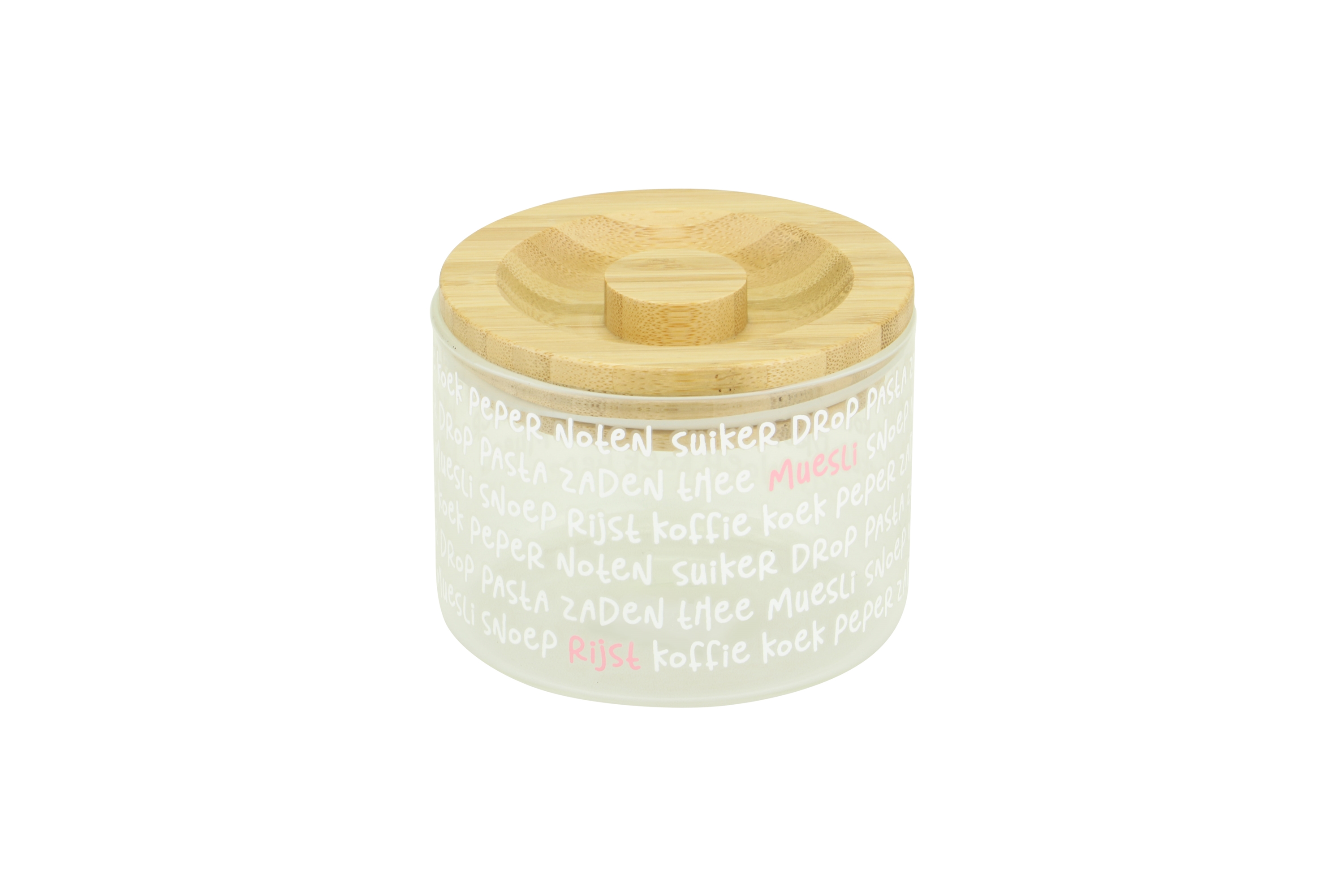 Picture of Glazen pot 350 ml bamboe deksel teksten, ø10x7,6 cm