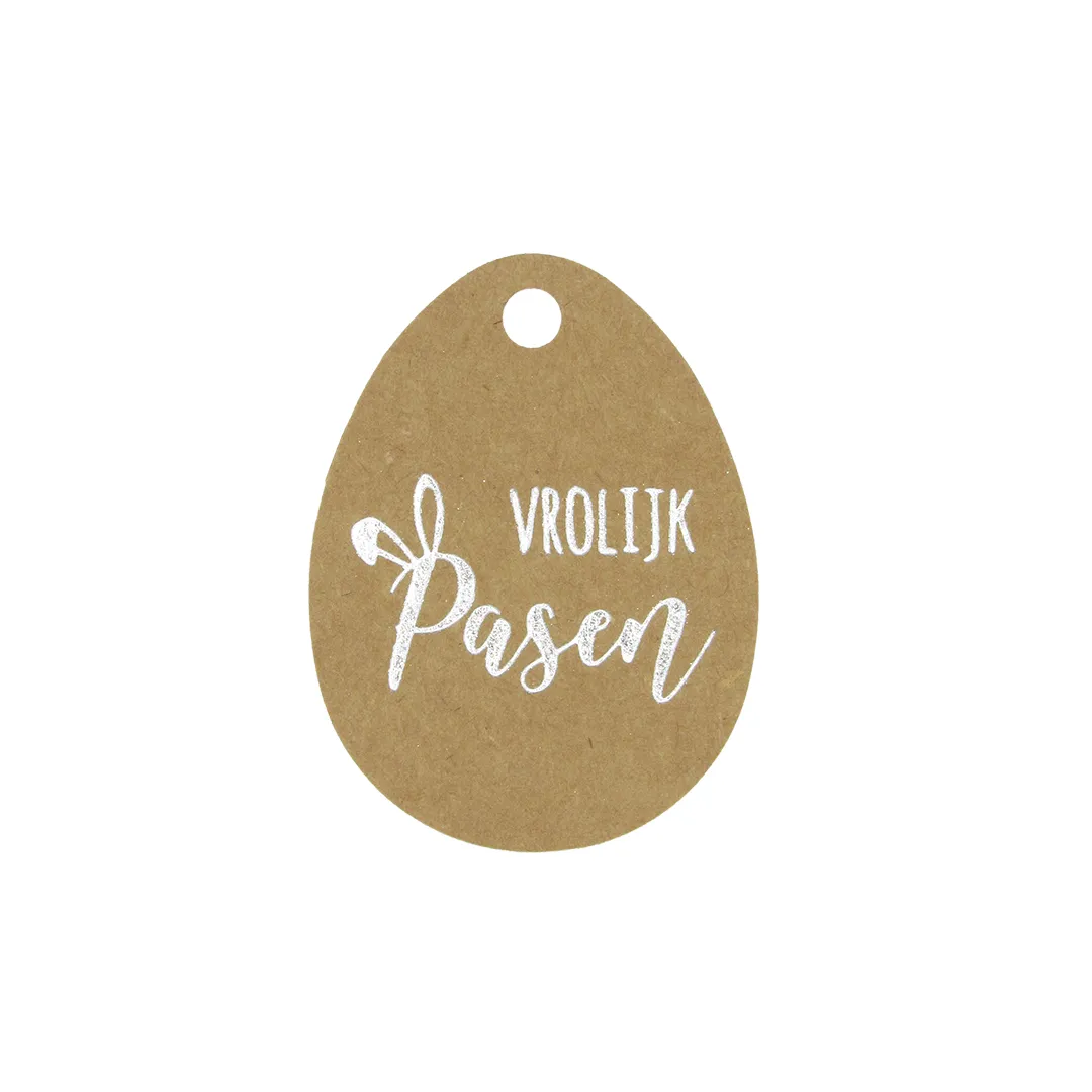 Afbeelding van Zak à 50 hangkaartje 3,8x5 cm kraft zilver Vrolijk Pasen 