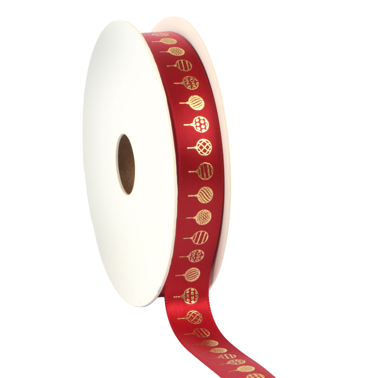 Afbeelding van Rol kerstlint satijn 15 mm 25 mtr rood kerstballen
