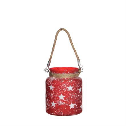 Afbeelding van Windlicht glas met touw, rood met sterren, 14x17 cm (uc)