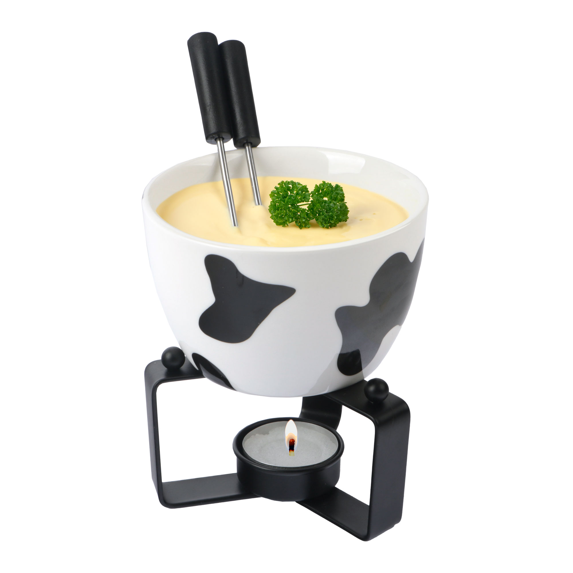 Picture of Fondueset met 2 vorkjes wit/zwart koeprint 