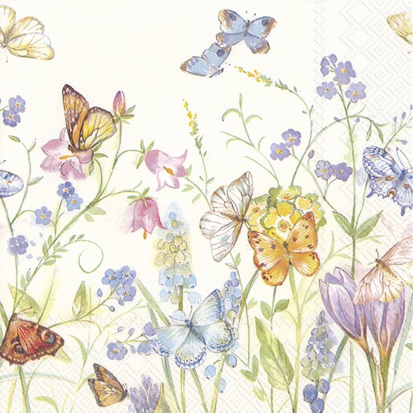 Picture of Pak à 20 servetten 33x33 cm 3 laags vlinders en bloesems wit (uc)
