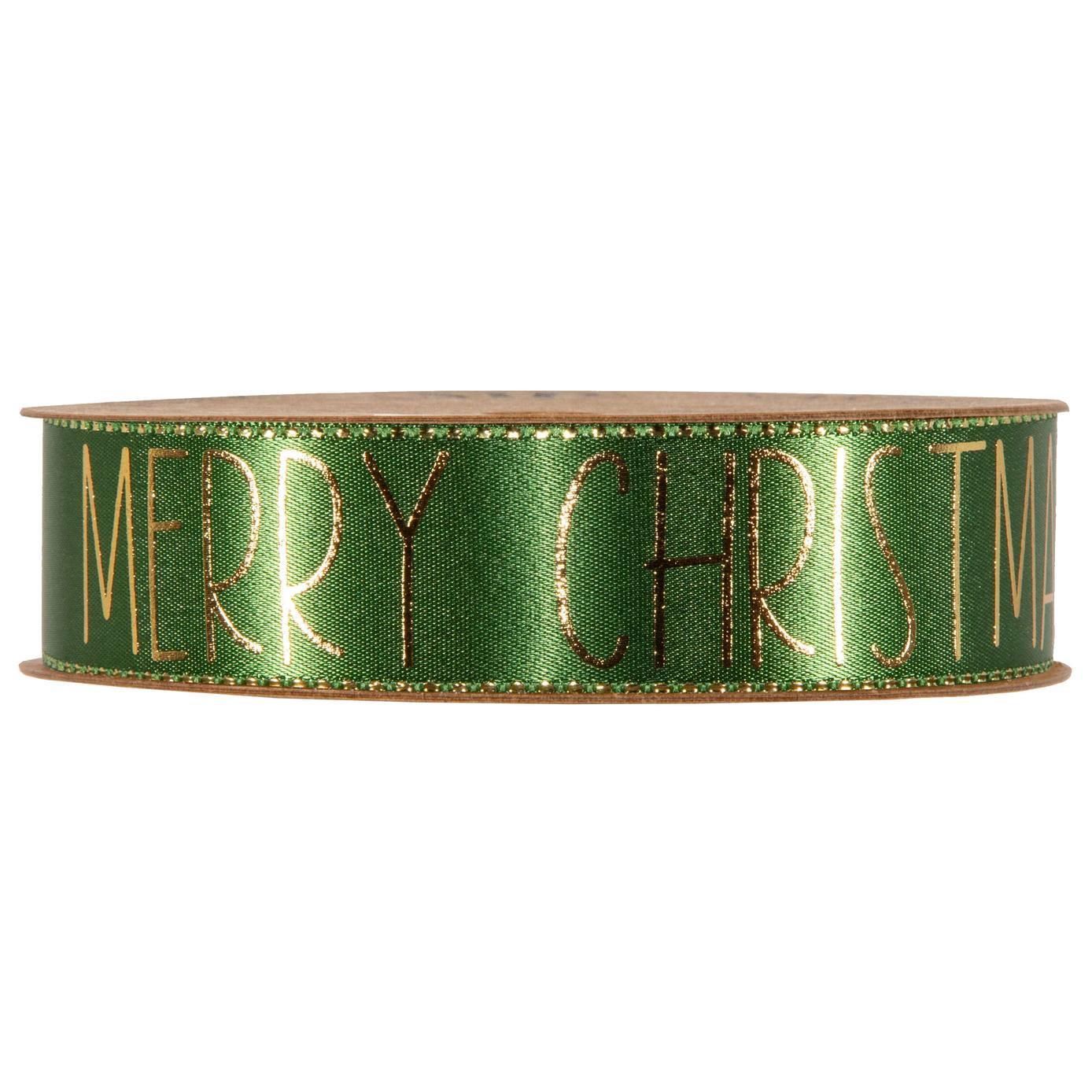 Afbeelding van Rol luxe satijnlint 25 mm 15 mtr Merry Christmas groen
