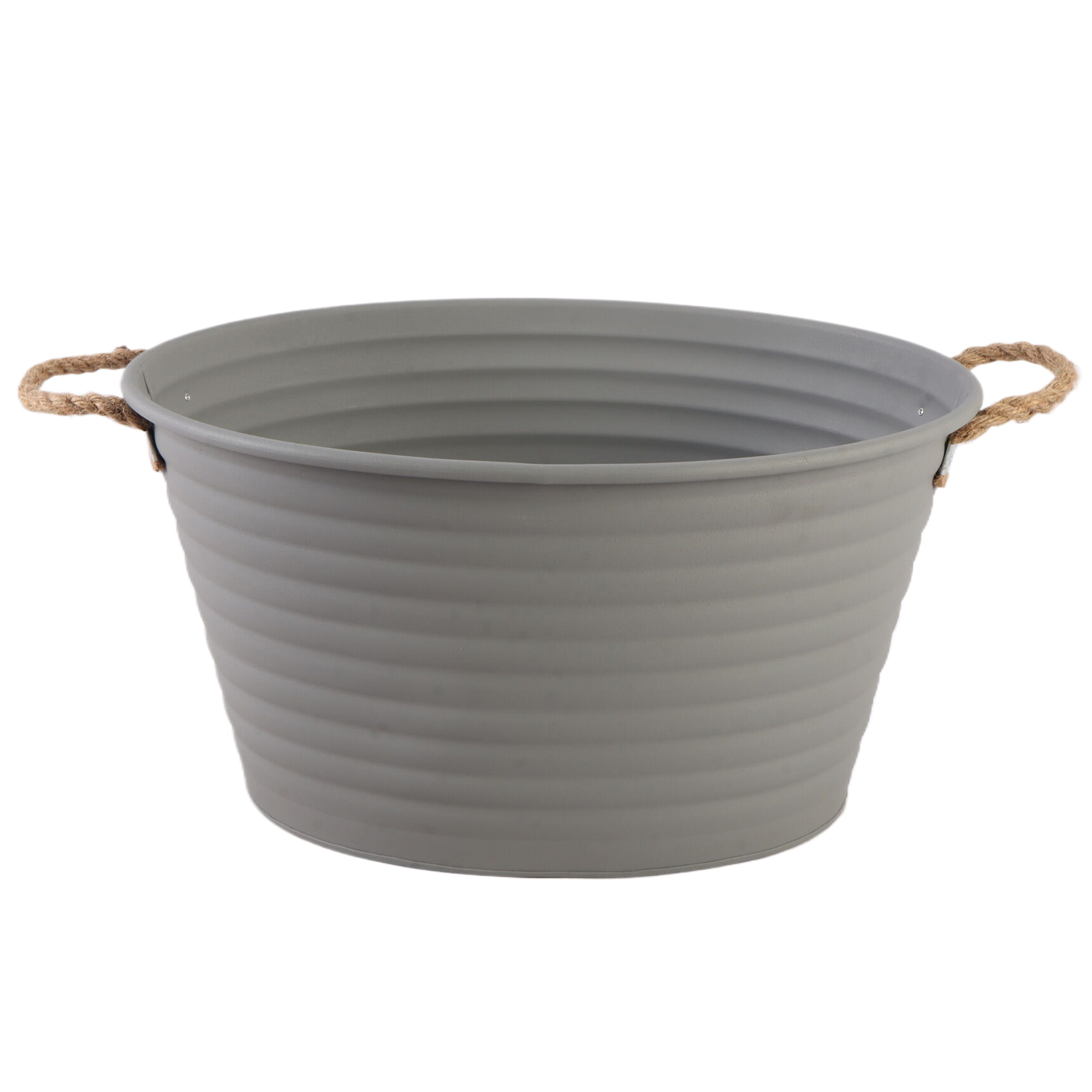 Afbeelding van Metalen bak grijs met ribbel + touwgrepen ovaal 51x37x27,5 cm 