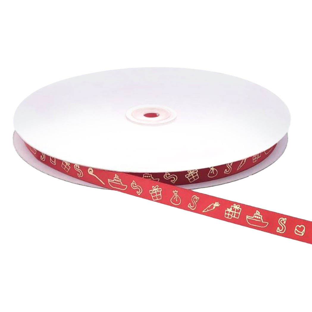 Picture of Rol satijnlint 12 mm 100 mtr  rood/goud Sint
