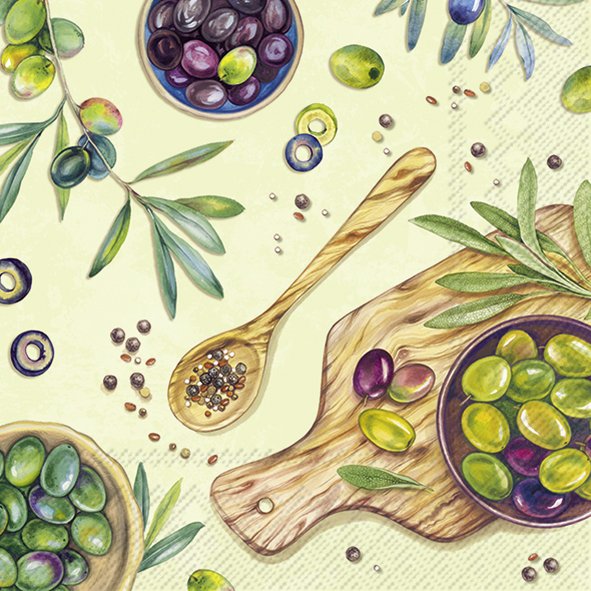 Picture of Pak à 20 servetten 33x33 cm 3 laags Olijven tapas
