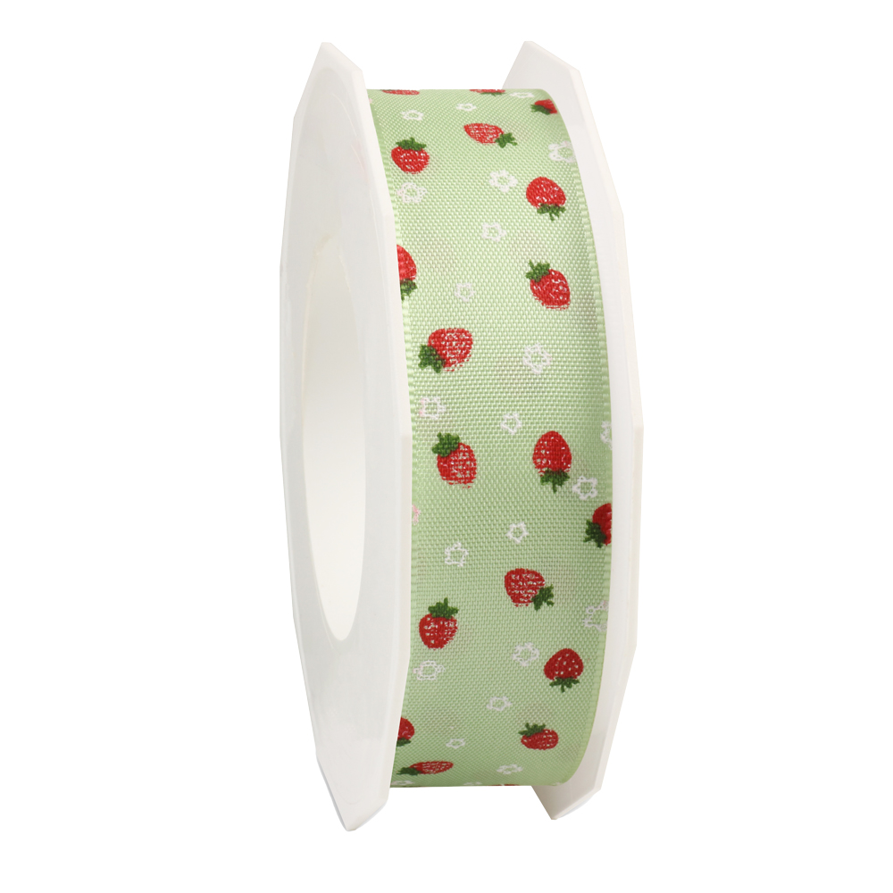 Afbeelding van Rol satijnlint 25 mm 20 mtr Aardbeien pastelgroen