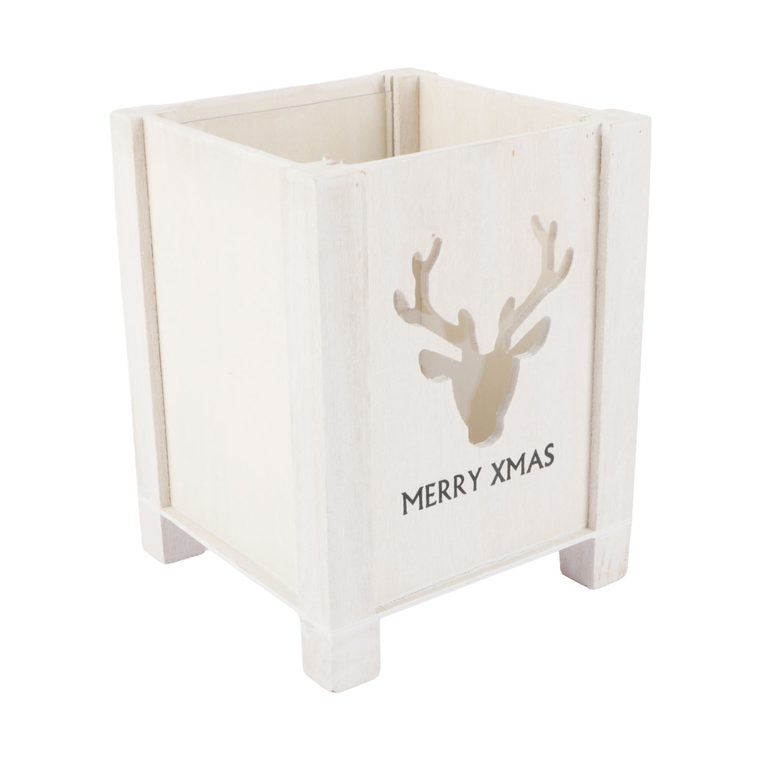 Afbeelding van Windlicht hout, hert, Merry X-Mas, wit 12x12x16 cm (ucl)