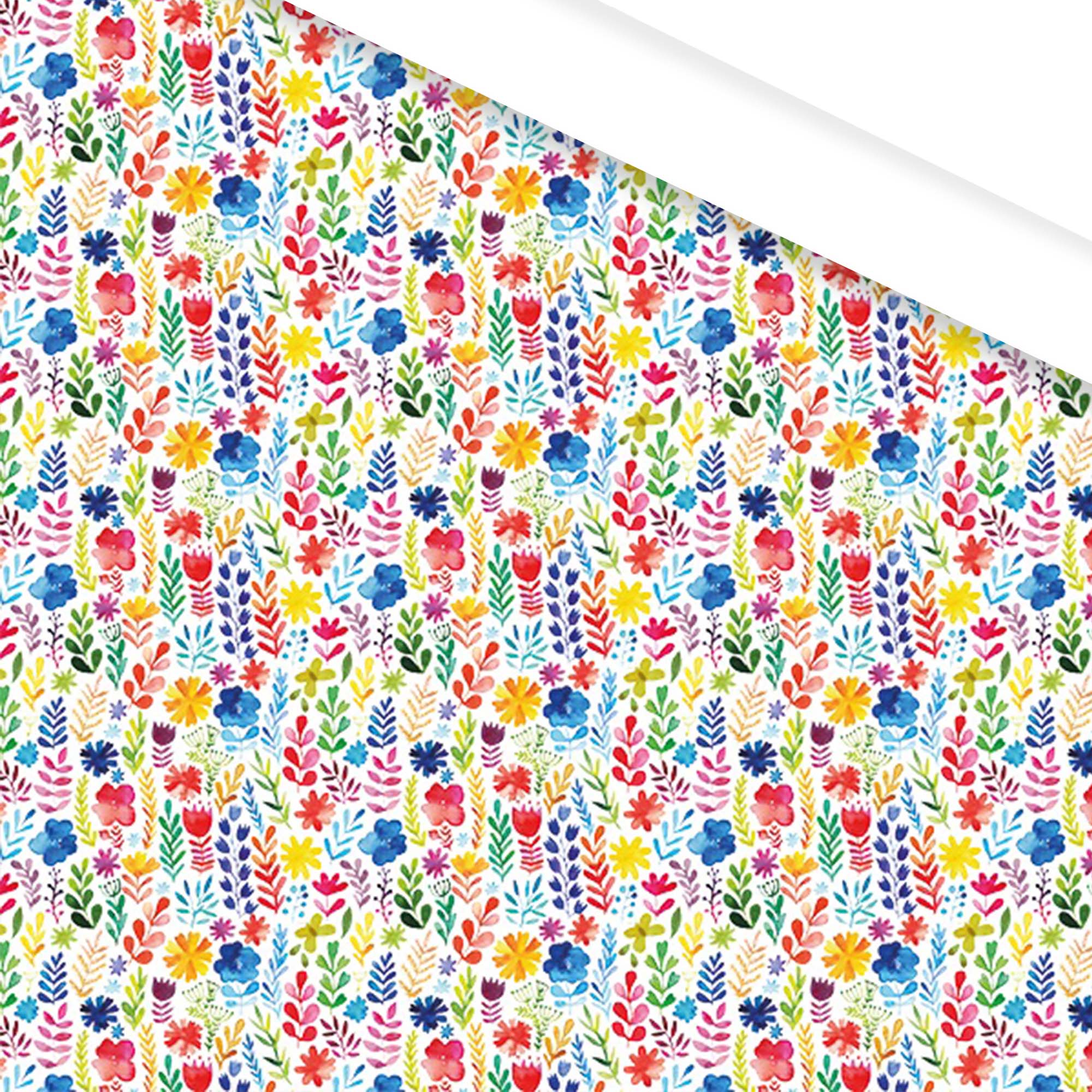 Afbeelding van Rol kadopapier 30 cm 200 mtr wit met fel gekleurde bloemen