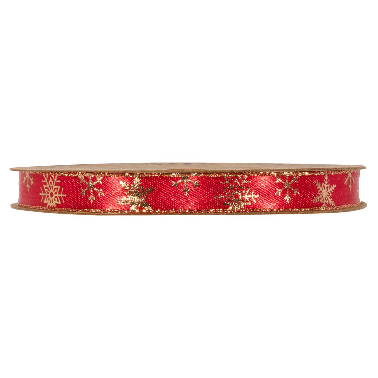 Afbeelding van Rol textiellint 10 mm 20 mtr sneeuwvlokken rood/goud