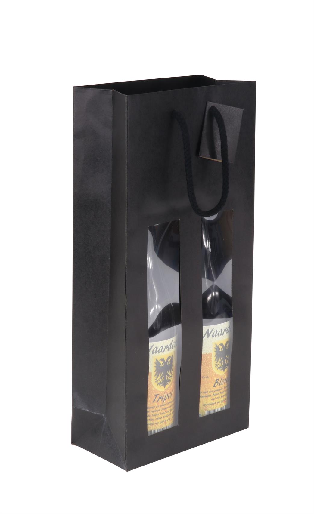 Afbeelding van Pak à 10 2 fles draagtas mat zwart met venster 