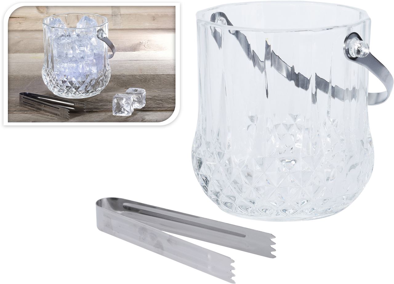 Afbeelding van Glazen ijsemmer met tang, frosted, ø12x12 cm