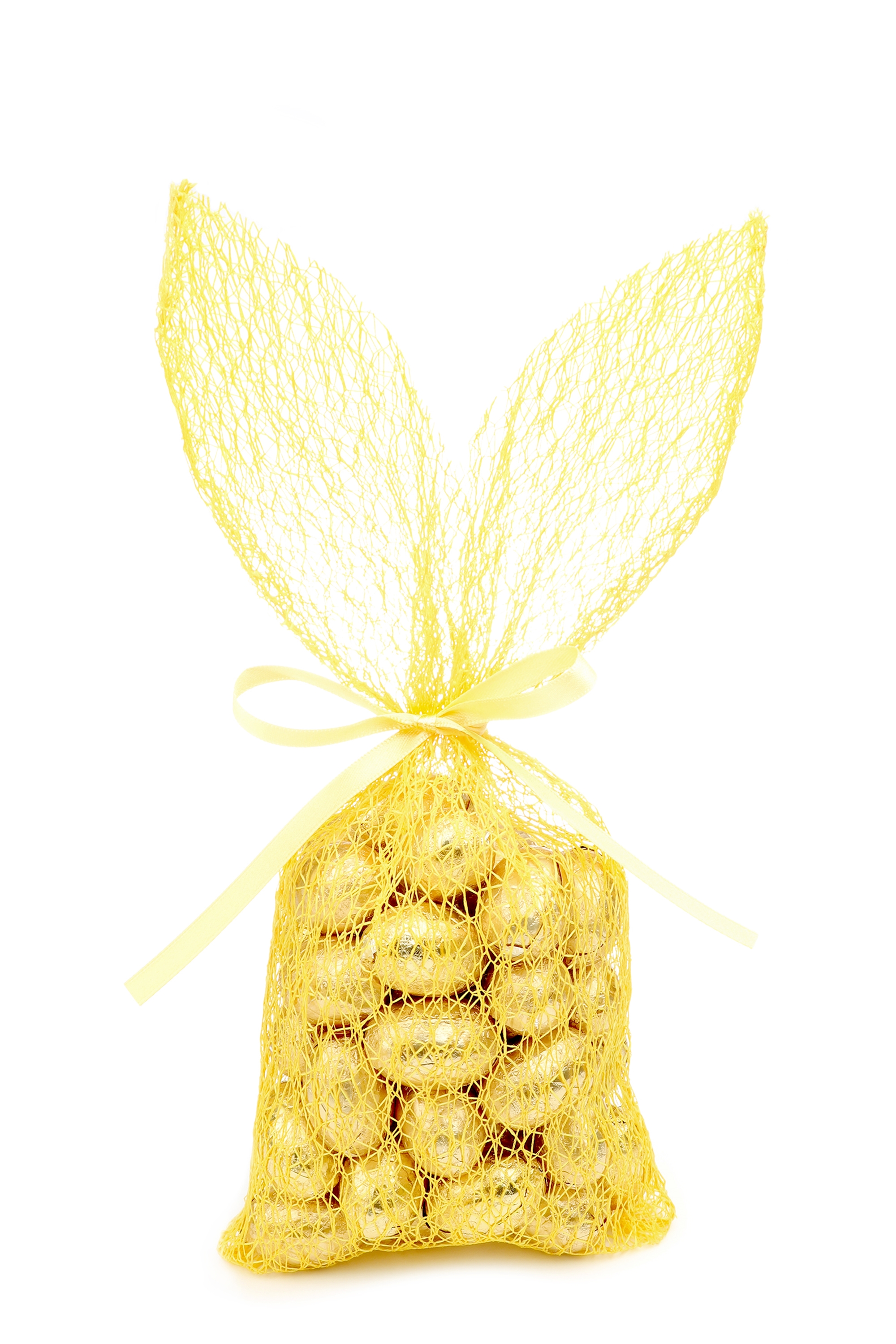Afbeelding van Pak à 5 zak Paashaas geel 13,7x29 cm met satijnen lint