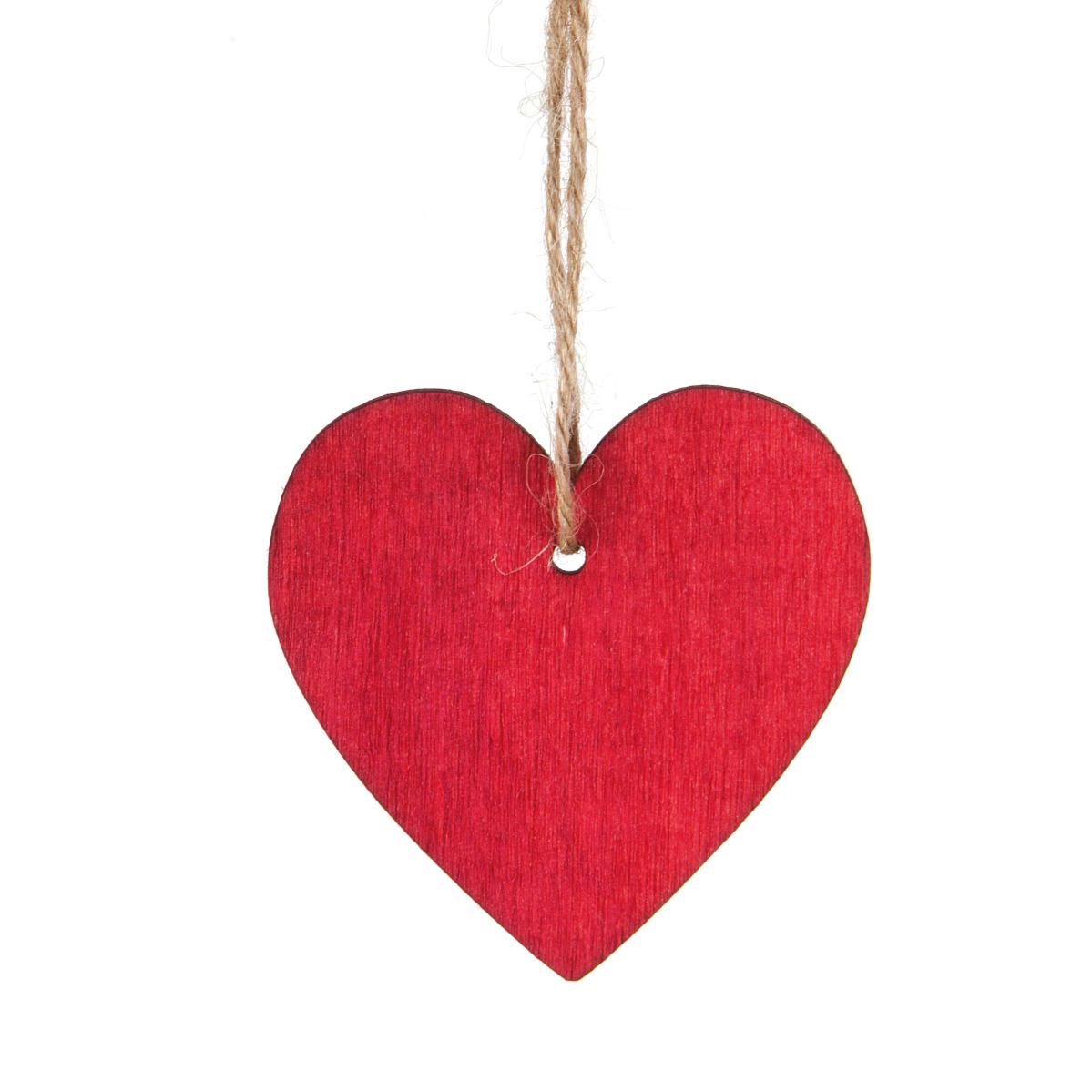Picture of Pak à 12 houten hart rood 6 cm met touwtje (uc) 