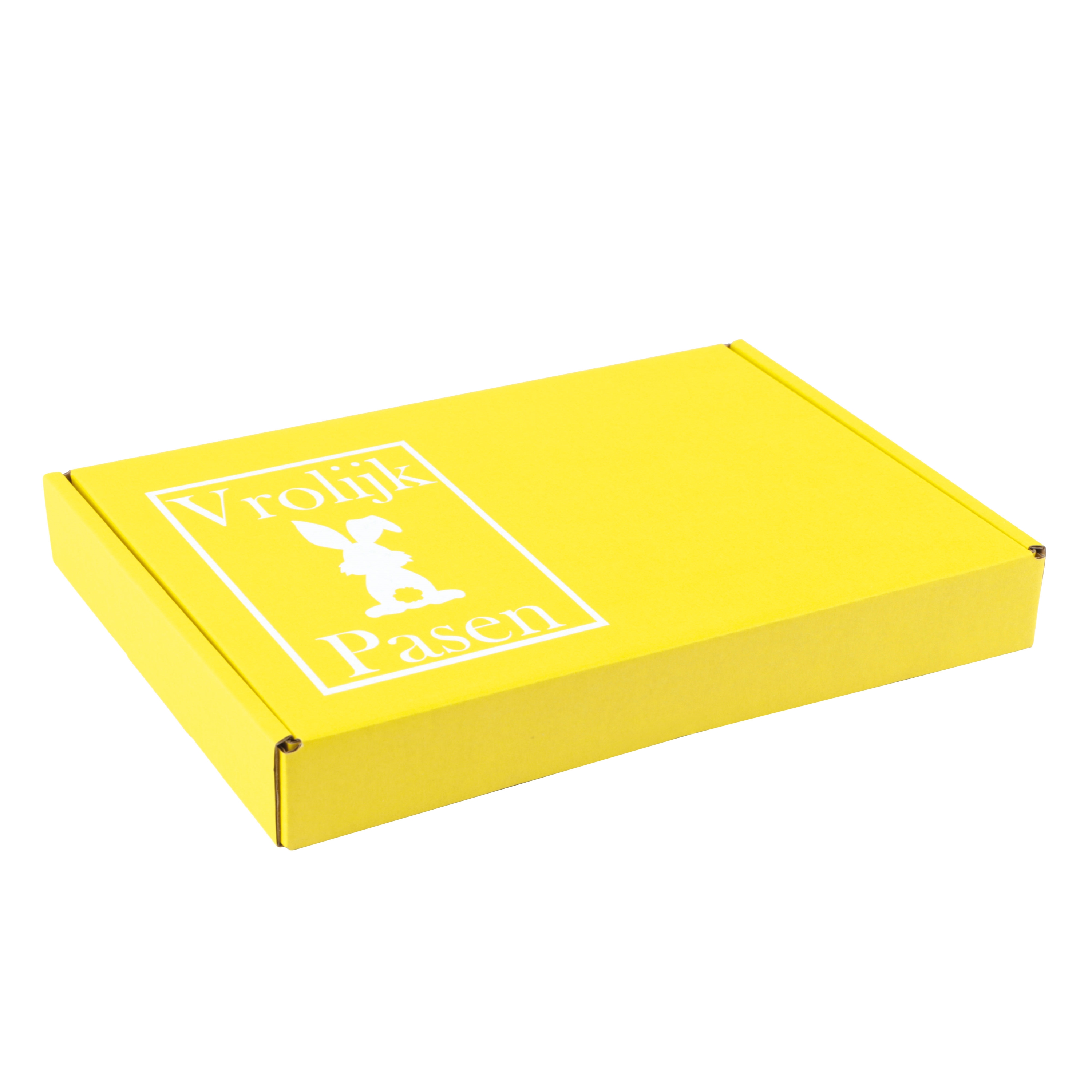 Afbeelding van Pak à 50 brievenbus doos  A5 Vrolijk Pasen 22x15,5x2,8 cm geel