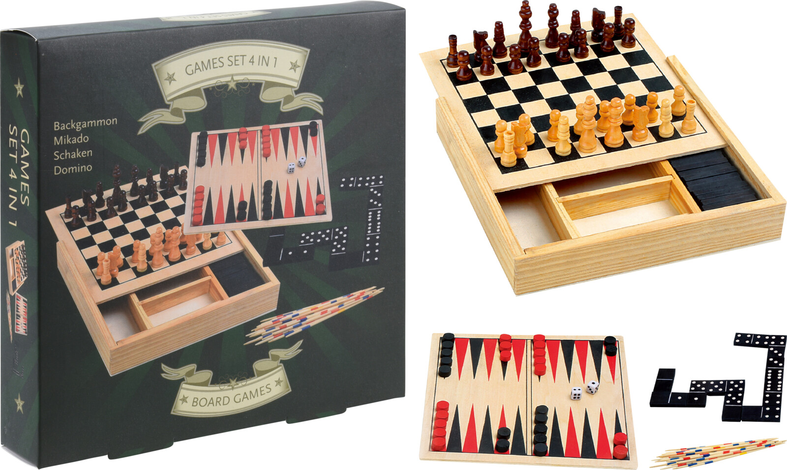 Afbeelding van Houten speldoos 4 in 1 backgammon mikado schaken domino  