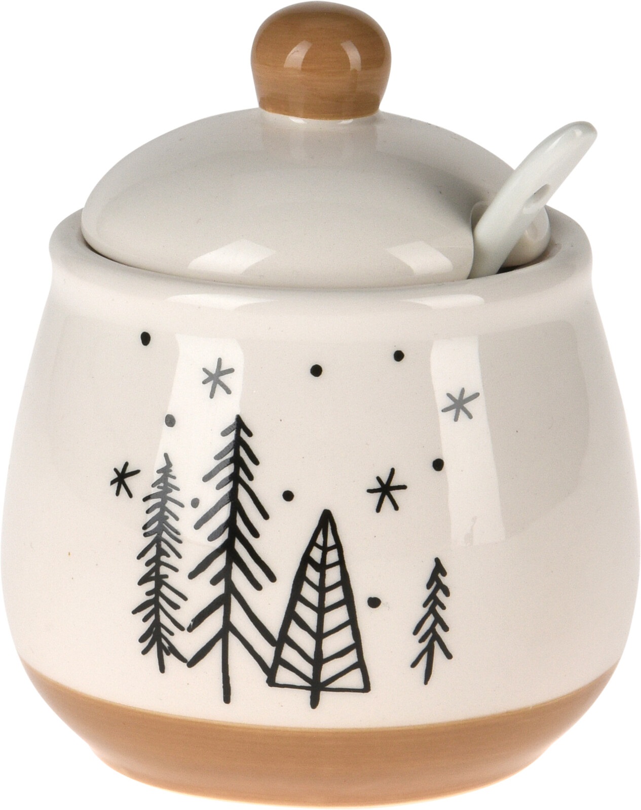 Afbeelding van Suikerpot 11cm met lepel keramiek creme/lichtbruin kerstboom assorti