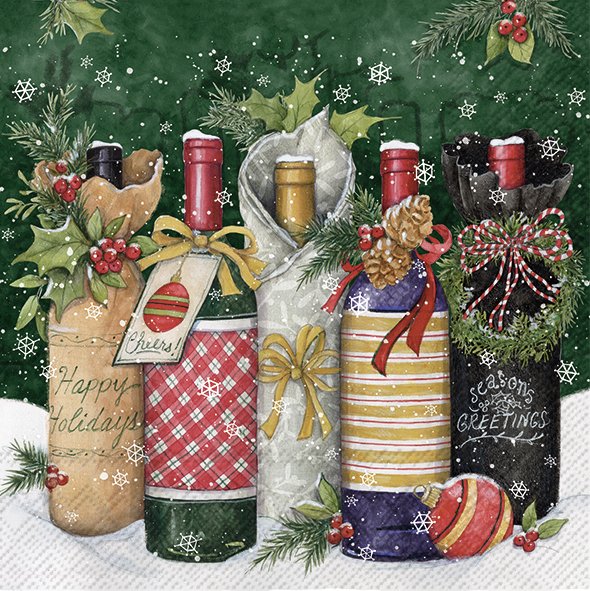 Afbeelding van Pak à 20 servetten 33x33 cm 3 laags Flessen wijn Winter specials