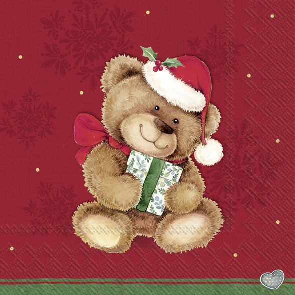 Afbeelding van Pak à 20 servetten 33x33 cm 3 laags Kerst teddybeer rood
