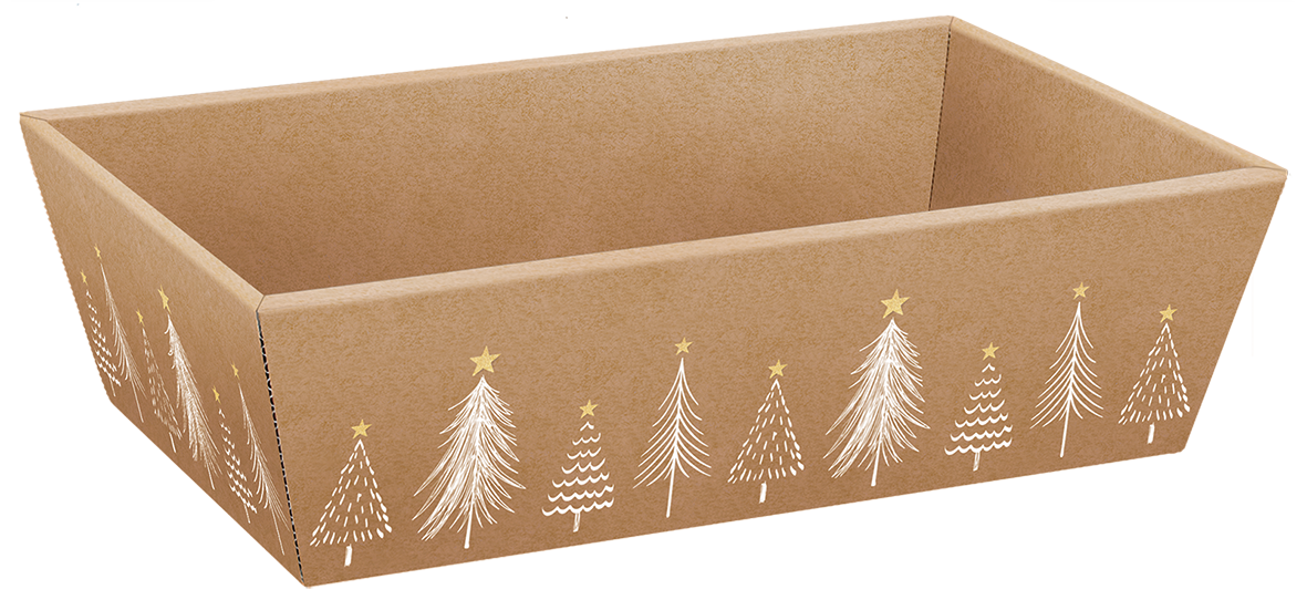 Afbeelding van Ds à 25 kartonnen bak 33,6x19,6x11 cm kraft met kerstbomen