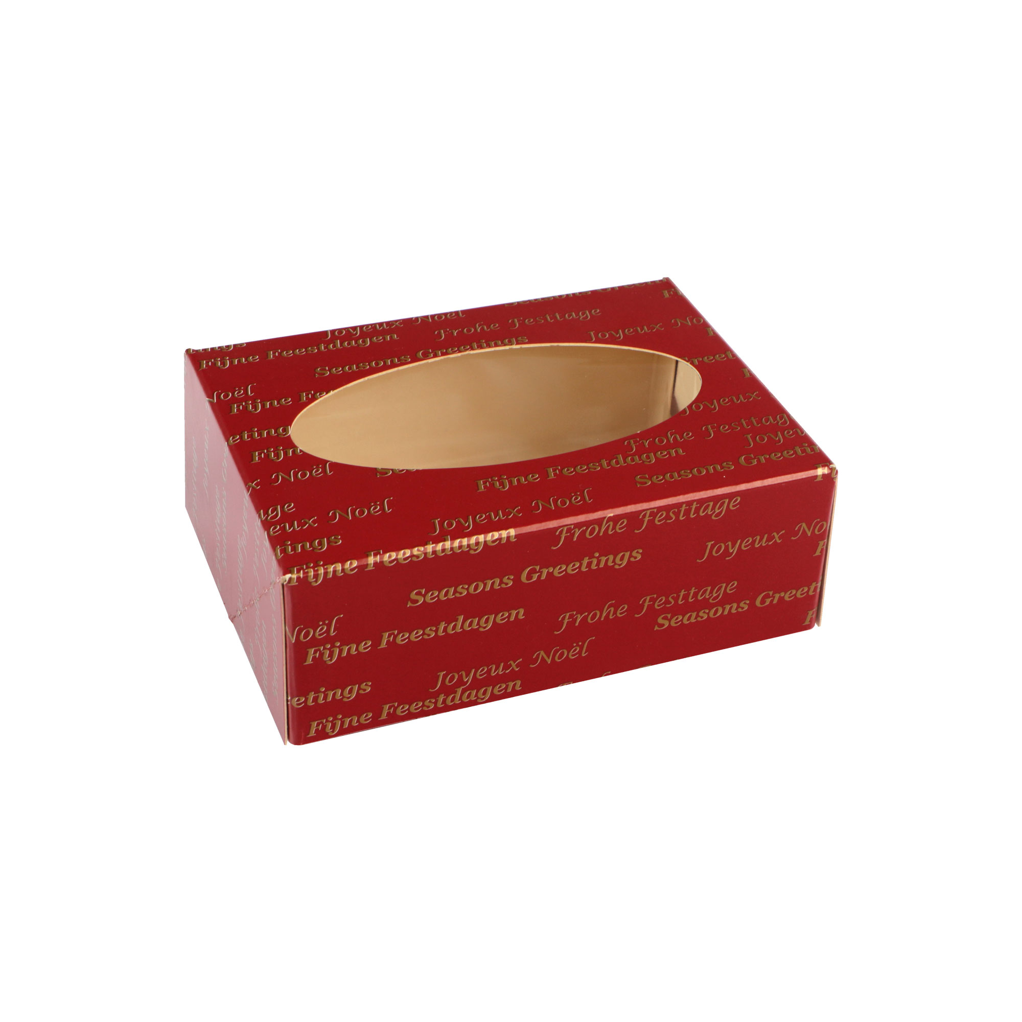 Afbeelding van Ds à 300 bonbondoos rood/goud met venster 12x9x4,5 cm Fijne Feestdagen