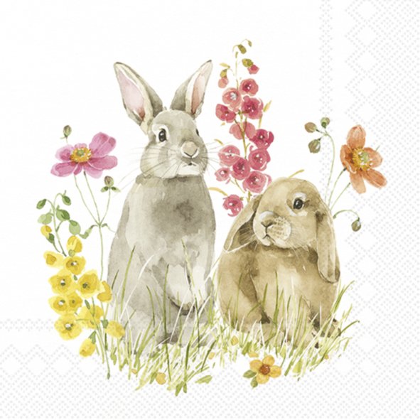 Afbeelding van Pak à 20 servetten 33x33 cm 3 laags konijnen in de lente