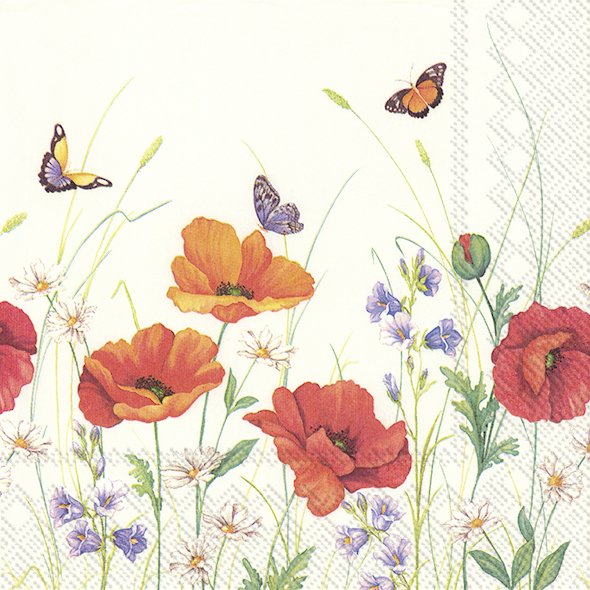 Afbeelding van Pak à 20 servetten 33x33 cm 3 laags klaprozen en vlinders