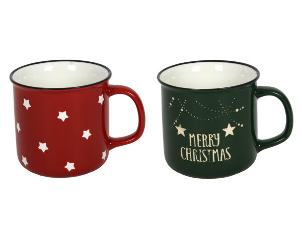 Picture of Mok 400 ml 10,5x10 cm Merry Christmas, sterretjes rood en groen assorti