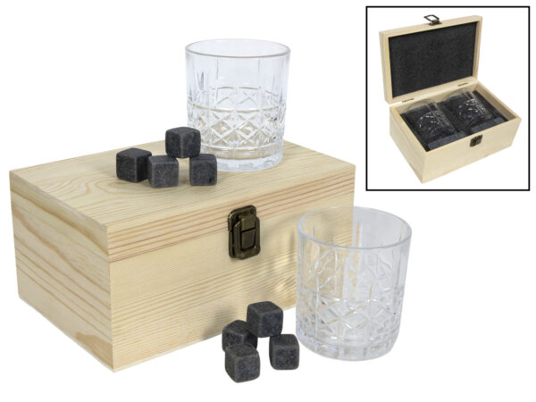 Afbeelding van Set à 2 whiskey glazen met ijsblokjes in houten kist