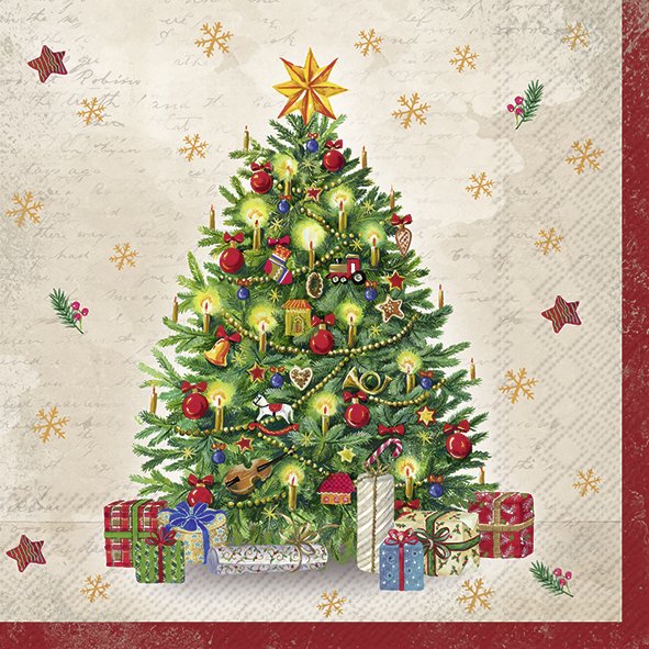 Afbeelding van Pak à 20 servetten 33x33 cm 3 laags kerstboom met pakjes