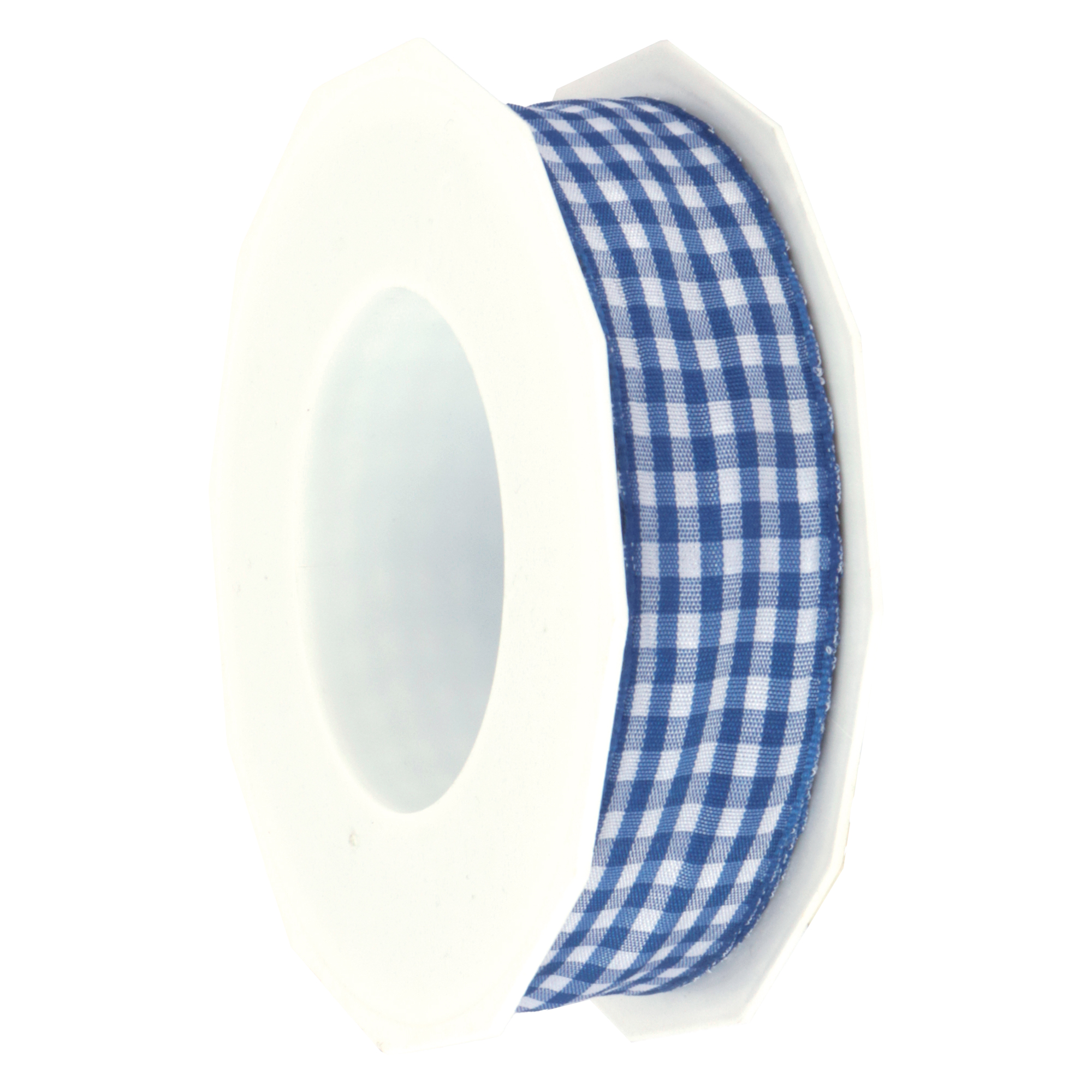 Afbeelding van Rol textiellint 25 mm 20 mtr ruit blauw/wit met draadranden 